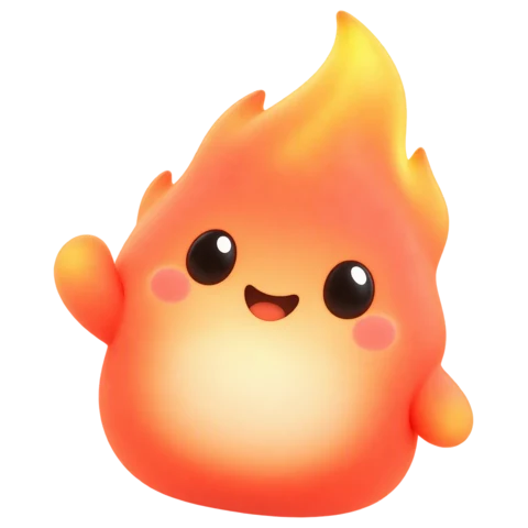 Peko, a small smiling flame, waving